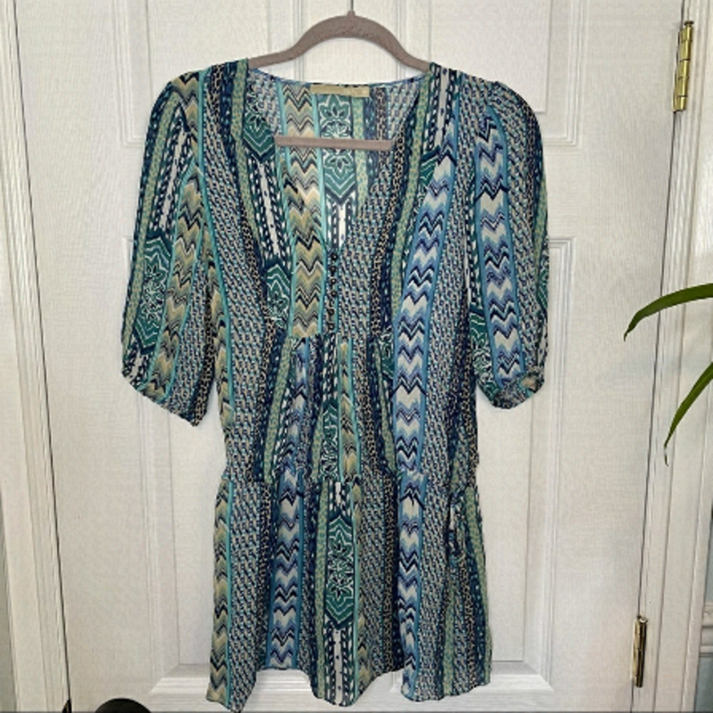 𝅺FILLITY Printed Tunic Top Blue Green Medium